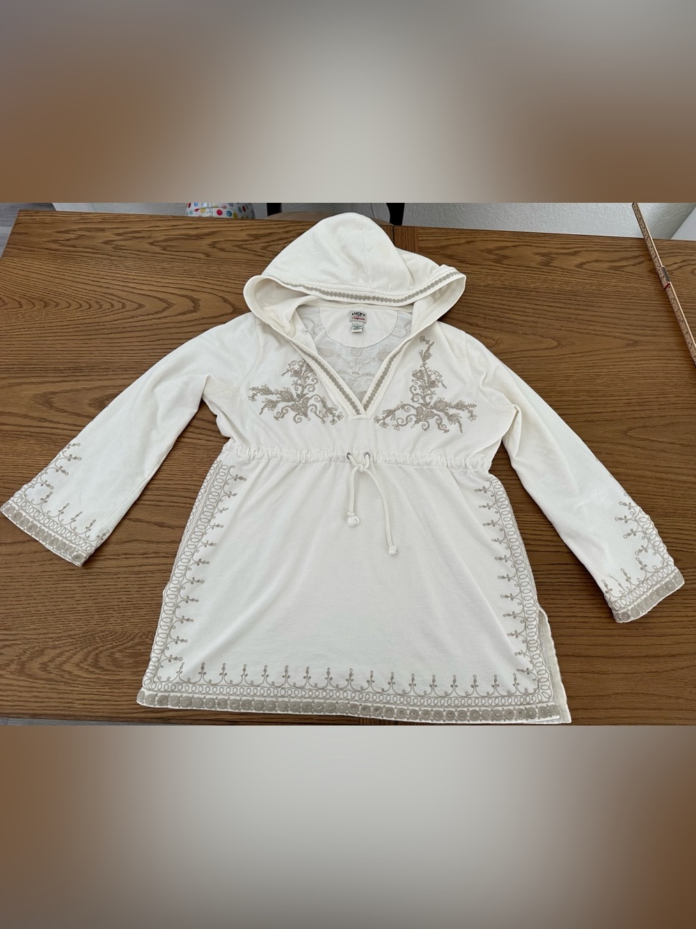 Lucky Brand Cream Hooded Embroidered Tunic